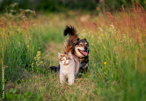 A cat with a long tail stands next to a dog on a walk in a summer meadow on a...