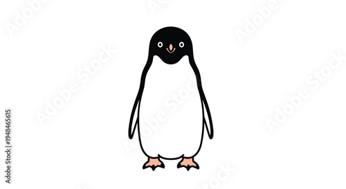 Adorable cartoon-style Adelie penguin standing upright with big eyes and a friendly smile, a charming Antarctic bird character.