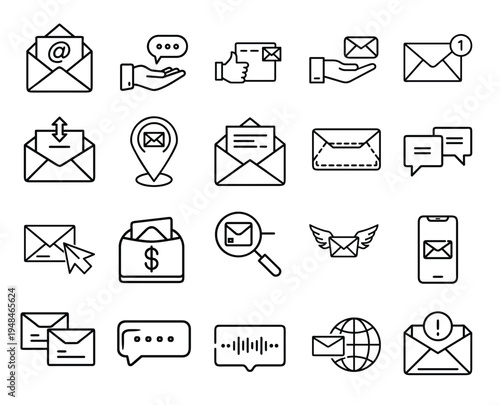 Assorted email and digital communication line icon featuring inbox mail notification message notification, global chat newsletter feedback support more vector illustration or editable stroke.