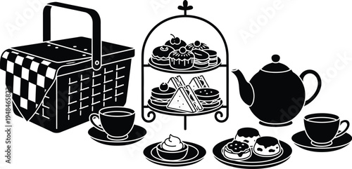 Spring bank holiday tea party outing with picnic basket and delicious treats