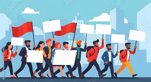 Diverse group protesting with signs marching.