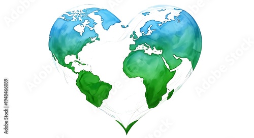 Heart shaped earth map with green and blue continents