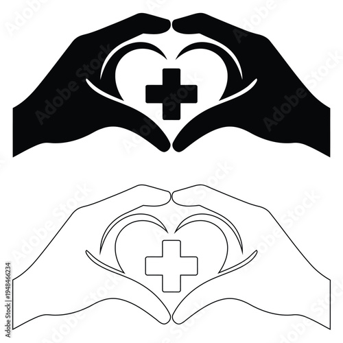 Healthcare Protection Hands Forming Heart with Medical Cross Icon Silhouette and Outline Vector Set
