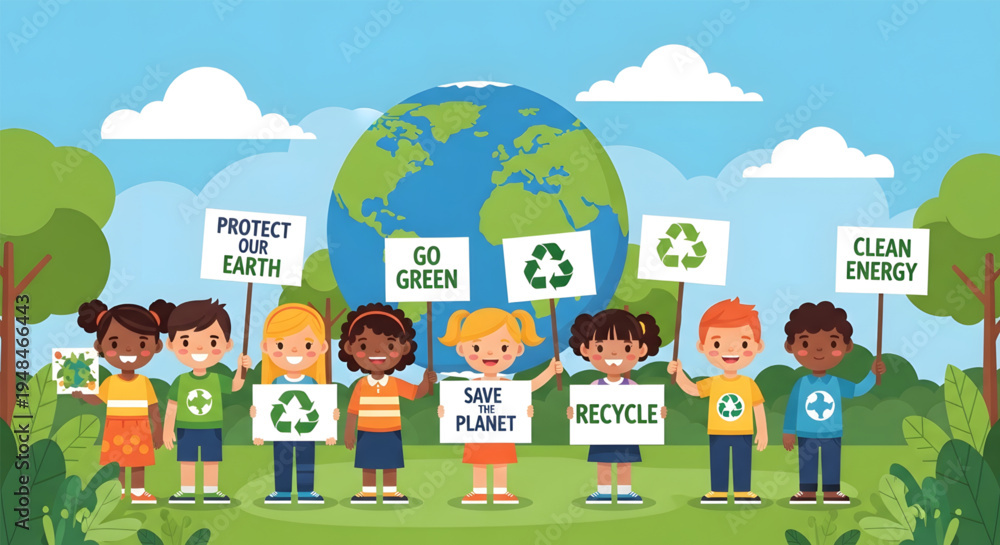 Fototapeta premium Diverse kids promoting eco friendly earth.