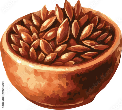 Vector watercolor illustration of flax seeds in a bowl