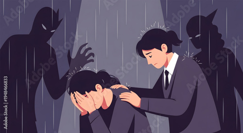 Man comforting another man from dark figures.