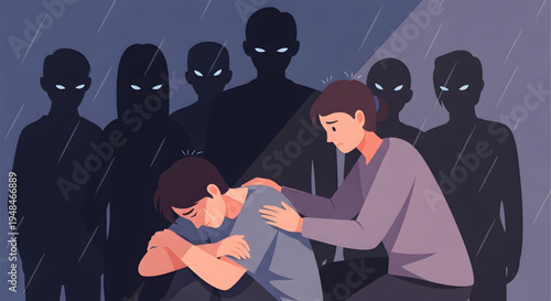 Man comforting another man with dark figures.