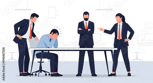 Businessmen discuss stressed colleague at office.