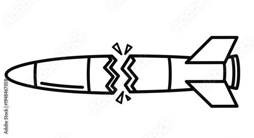 Black and white illustration of a bomb with a fractured body and fins