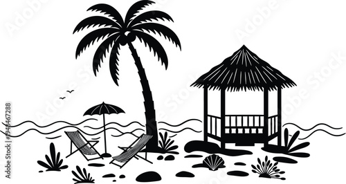 Black and white illustration of a tropical beach scene with palm tree gazebo and ocean waves on sandy shore