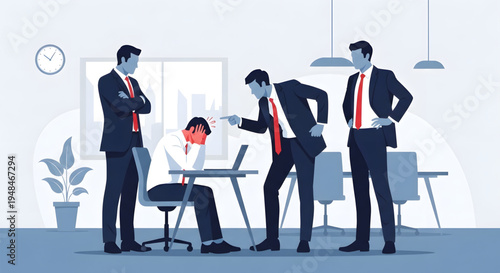 Businessmen discuss in office meeting.