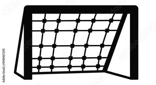 Simple black and white illustration of a soccer goal with netting