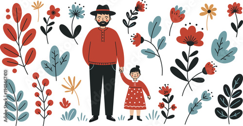 A man and a little girl standing together surrounded by colorful flowers and plants in a whimsical illustration