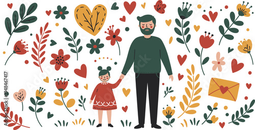 A man and little girl standing together holding hands surrounded by colorful flowers and hearts