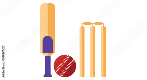 A cricket bat ball and wickets depicted in a flat colorful illustration