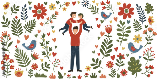 Father carrying young daughter on shoulders surrounded by colorful flowers and plants