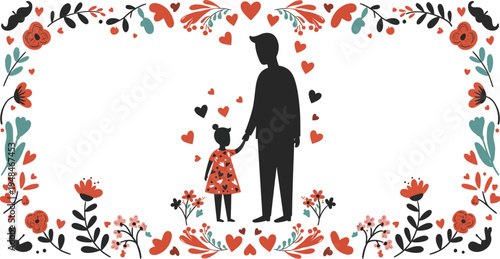 Father and little girl holding hands surrounded by colorful flowers and hearts