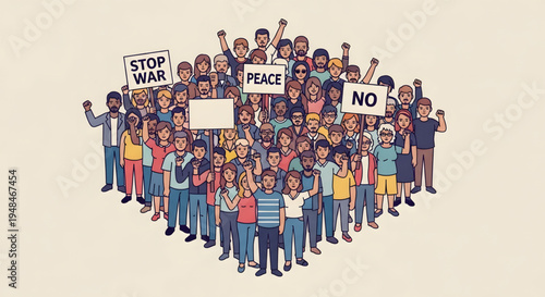 Diverse crowd protesting for world peace.