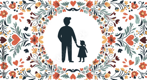 A silhouette of a man and child holding hands surrounded by a floral border