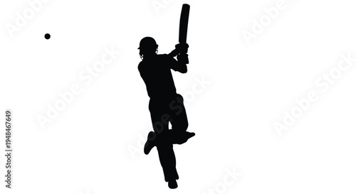 Silhouette of a cricket batsman mid swing against a stark white background
