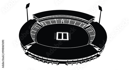 Black and white illustration of a large circular stadium with tiered seating