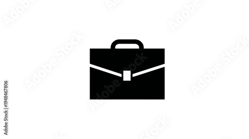A black, stylized briefcase icon is centered against a white background, minimal design