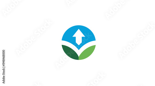 A logo featuring a white arrow pointing upwards within a blue circle and green leaf-like shapes