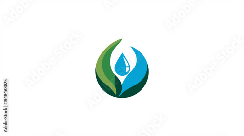 A stylized logo depicts a blue water drop embraced by green and blue leaves against a white field
