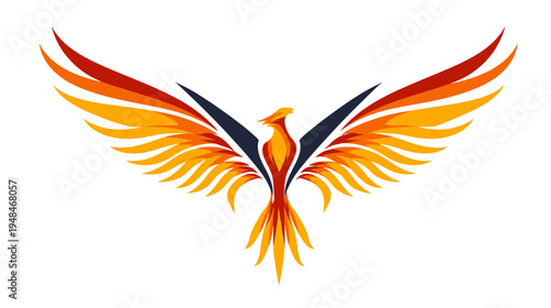 A stylized bird with wings outstretched in warm hues of yellow, orange, and red
