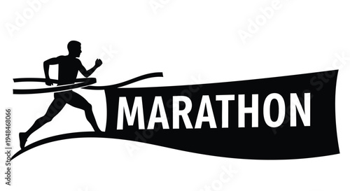 A silhouetted runner with a ribbon displaying the word marathon in bold text