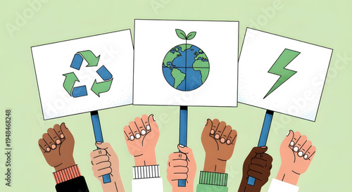 Diverse hands hold eco friendly signs.