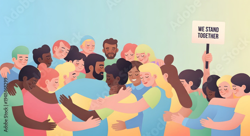 Diverse group of people standing together united.