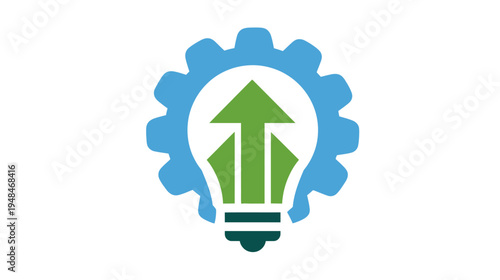 A stylized image featuring a blue gear encompassing a lightbulb with a green upward arrow