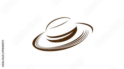 Minimalist line art rendering of a fedora hat with elegant and fluid lines, brown on white background