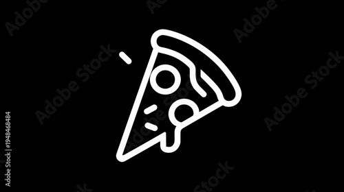 A white outline of a pizza slice on a black background, with cheese and toppings