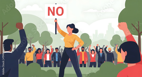 Woman leading protest with no sign.