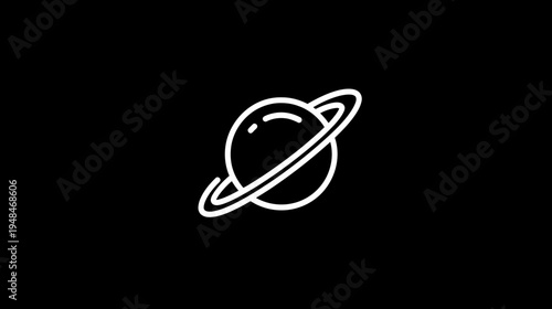 A white outlined planet with rings, isolated on a black background, minimalist design