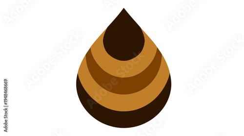 A stylized graphic of a teardrop shape composed of concentric, layered segments in varying shades of brown