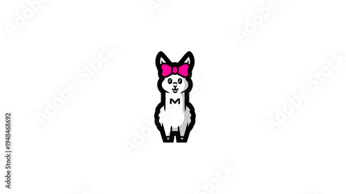Cute cartoon llama with a pink bow and a monogram, simple design, solid background