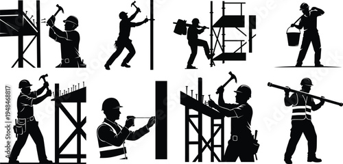 Vector construction worker silhouette set various poses and actions
