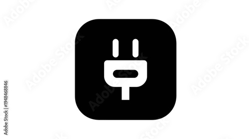A white power plug icon against a black background with rounded corners, on a white canvas