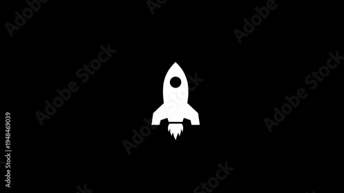 A stark, minimalist composition featuring a white rocket launching against a black background