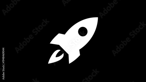 A simple, white rocket taking off against a black background, with visible flame and porthole