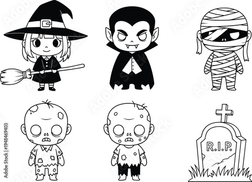 Cute Halloween character coloring book set featuring a little witch vampire mummy zombies and a spooky graveyard tombstone for kids holiday activity vector illustrations