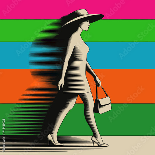 Woman Wearing a Large Hat Walking.
