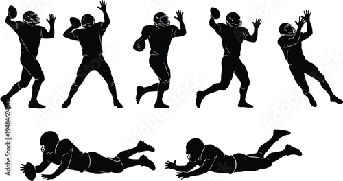 Silhouette collection of American football players, athletes in action poses, throwing, catching, diving, competitive sports concept, editable vector illustration