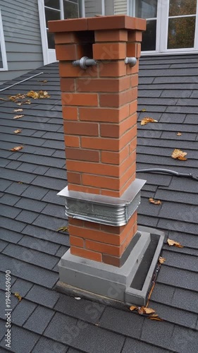 Roof chimney with grey shingles leaves.