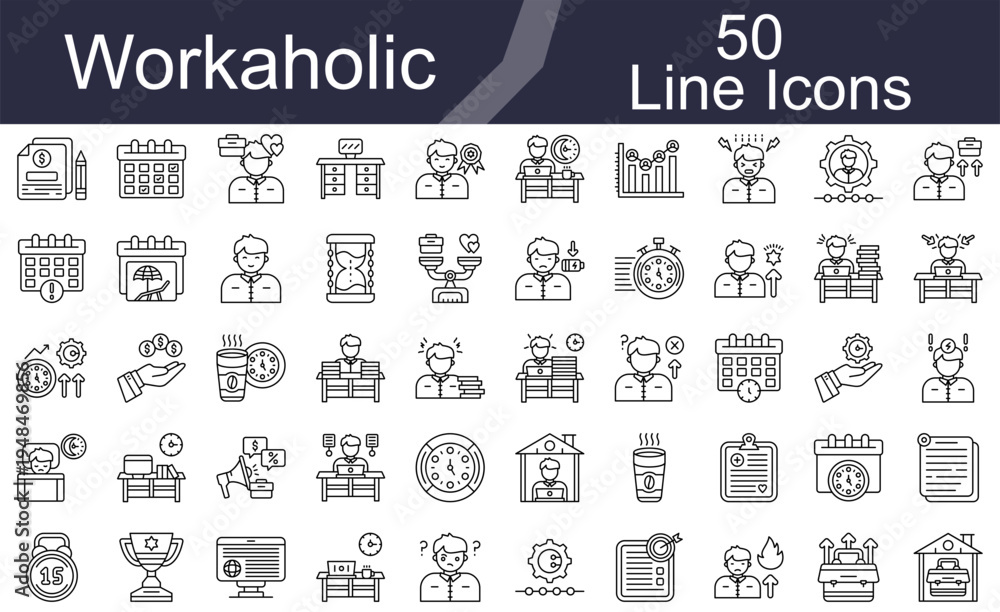 Fototapeta premium Workaholic Line Icons Set
