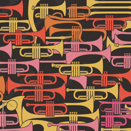 Colorful trumpets in a pattern.