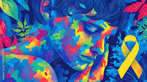 Abstract illustration of a portrait of a peaceful, calm boy in pieces of multicolored puzzles. World Autism Awareness Day